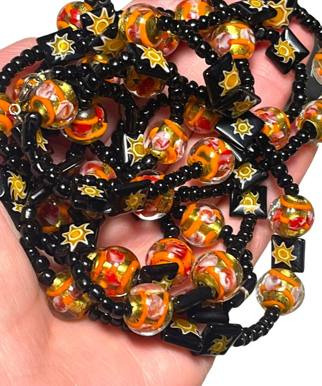 Vintage Glass Italian Italy Millefiori Venetian flower sun bead fancy necklace