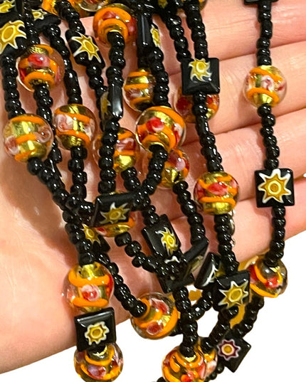 Vintage Glass Italian Italy Millefiori Venetian flower sun bead fancy necklace