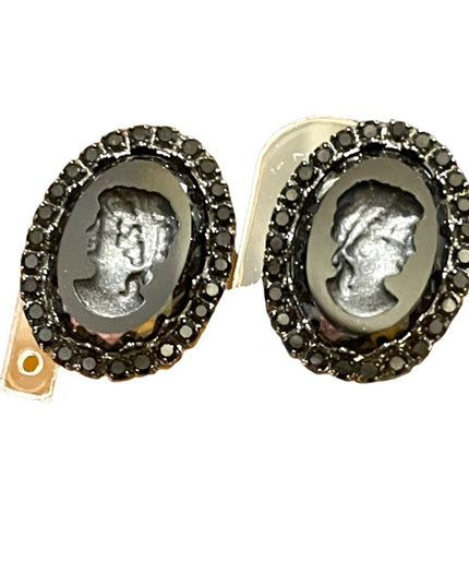 Vintage 1980s Black glass reverse carved Cameo clip on earrings crystal