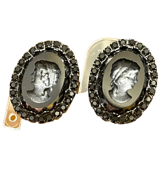 Vintage 1980s Black glass reverse carved Cameo clip on earrings crystal