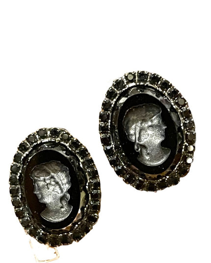 Vintage 1980s Black glass reverse carved Cameo clip on earrings crystal