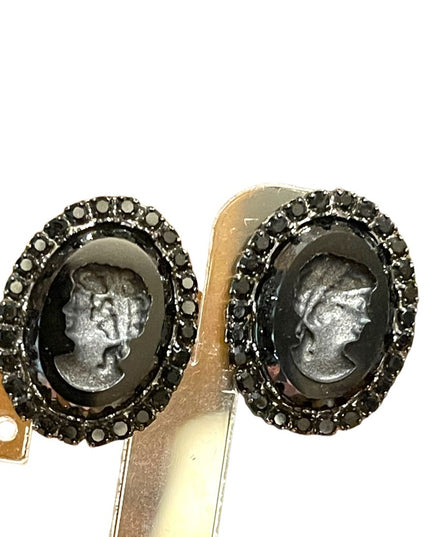 Vintage 1980s Black glass reverse carved Cameo clip on earrings crystal