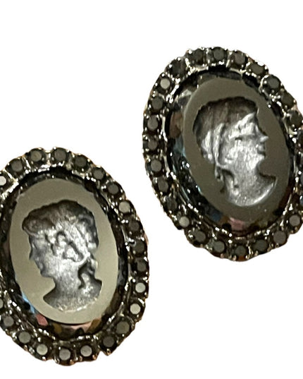 Vintage 1980s Black glass reverse carved Cameo clip on earrings crystal
