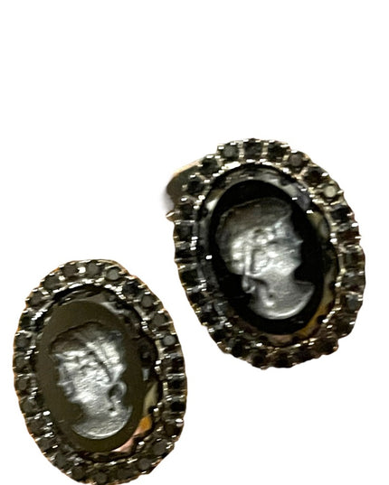 Vintage 1980s Black glass reverse carved Cameo clip on earrings crystal