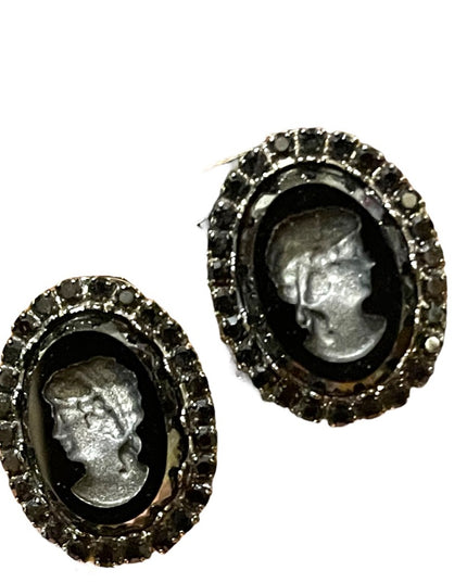Vintage 1980s Black glass reverse carved Cameo clip on earrings crystal