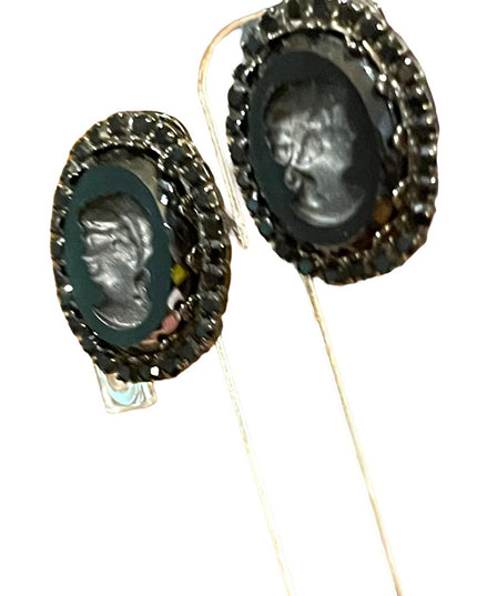 Vintage 1980s Black glass reverse carved Cameo clip on earrings crystal