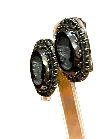 Vintage 1980s Black glass reverse carved Cameo clip on earrings crystal