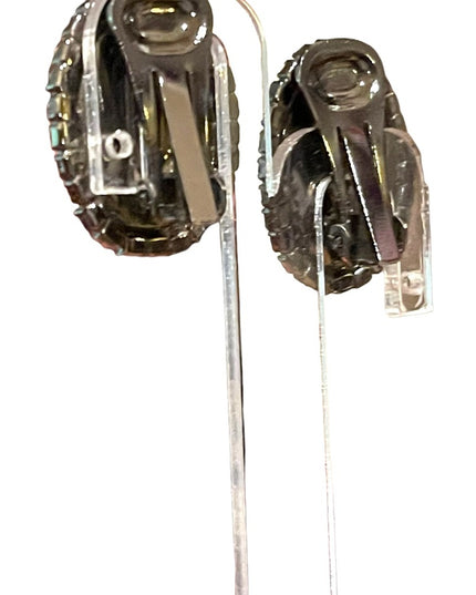 Vintage 1980s Black glass reverse carved Cameo clip on earrings crystal