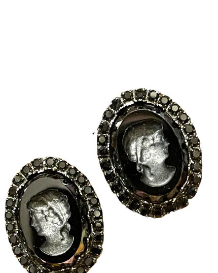 Vintage 1980s Black glass reverse carved Cameo clip on earrings crystal