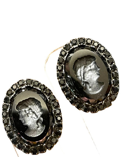 Vintage 1980s Black glass reverse carved Cameo clip on earrings crystal