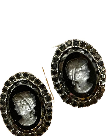 Vintage 1980s Black glass reverse carved Cameo clip on earrings crystal