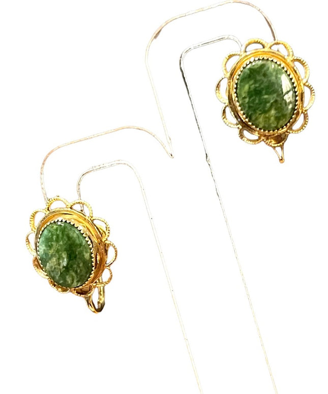 Vintage Amco 14k Gold filled Jade screw back ornate wire work earrings