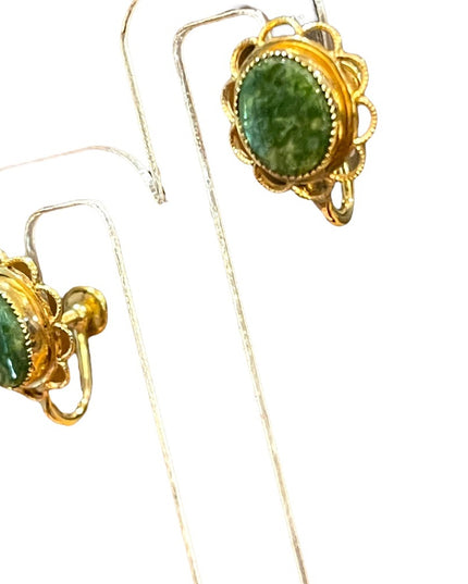 Vintage Amco 14k Gold filled Jade screw back ornate wire work earrings