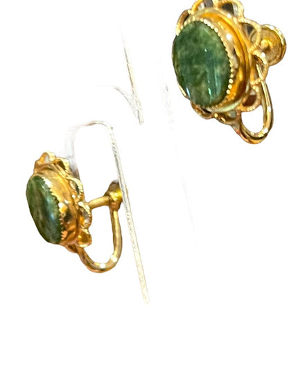 Vintage Amco 14k Gold filled Jade screw back ornate wire work earrings