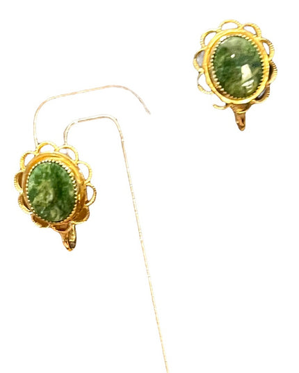 Vintage Amco 14k Gold filled Jade screw back ornate wire work earrings