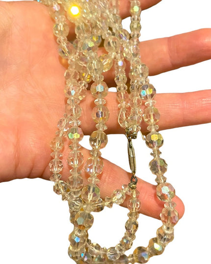 Vintage clear AB CZECH crystal double strand long fancy glass bead necklace 1960