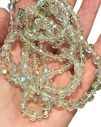 Vintage clear AB CZECH crystal double strand long fancy glass bead necklace 1960