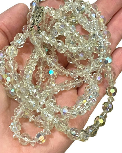 Vintage clear AB CZECH crystal double strand long fancy glass bead necklace 1960