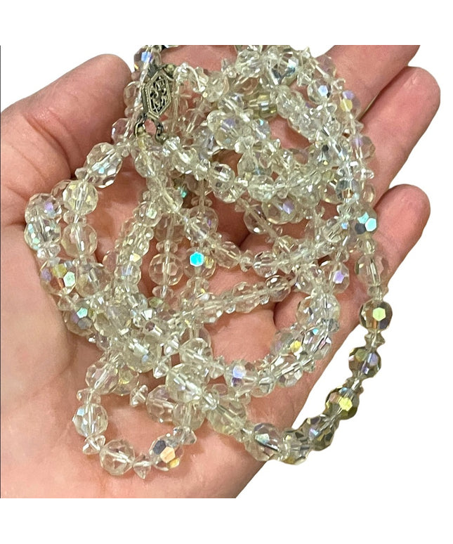 Vintage clear AB CZECH crystal double strand long fancy glass bead necklace 1960