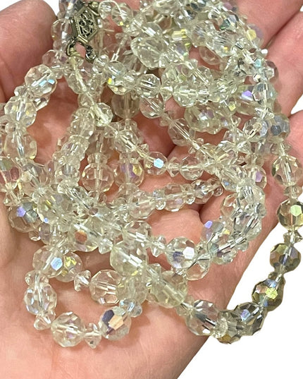 Vintage clear AB CZECH crystal double strand long fancy glass bead necklace 1960