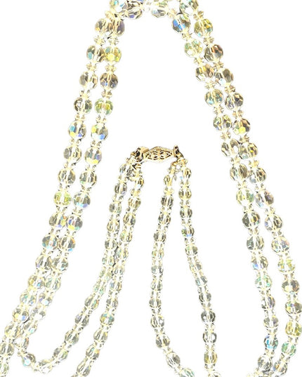 Vintage clear AB CZECH crystal double strand long fancy glass bead necklace 1960