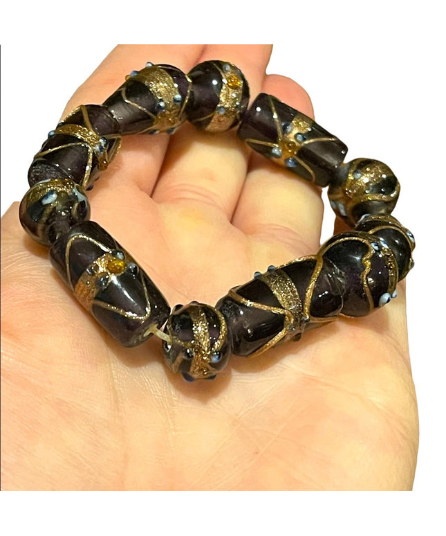Vintage stretchy purple glass bead wedding cake Venetian murano bracelet Italy