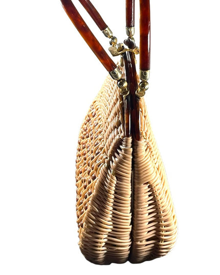 #37 VTG  Wicker Lucite handle fancy woven basket bead purse