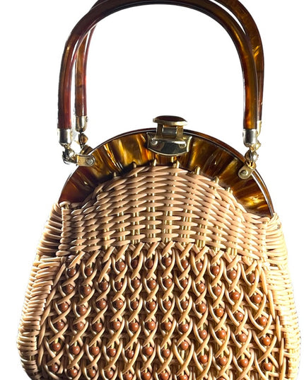 #37 VTG  Wicker Lucite handle fancy woven basket bead purse