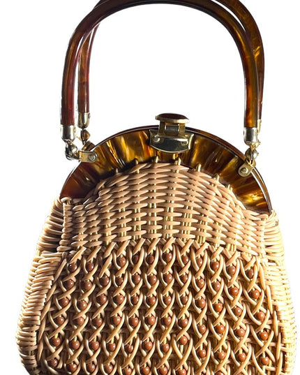 #37 VTG  Wicker Lucite handle fancy woven basket bead purse