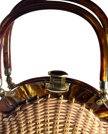 #37 VTG  Wicker Lucite handle fancy woven basket bead purse