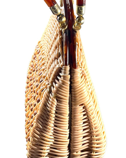 #37 VTG  Wicker Lucite handle fancy woven basket bead purse