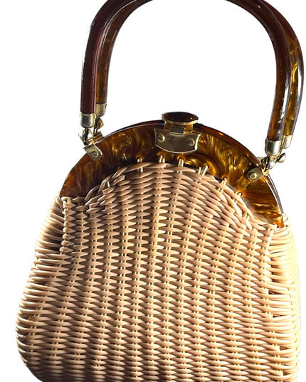 #37 VTG  Wicker Lucite handle fancy woven basket bead purse