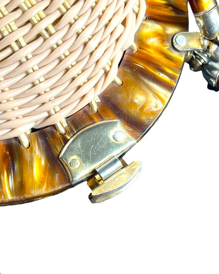 #37 VTG  Wicker Lucite handle fancy woven basket bead purse