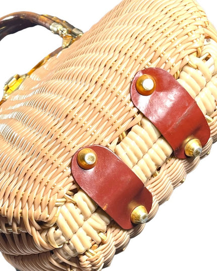 #37 VTG  Wicker Lucite handle fancy woven basket bead purse