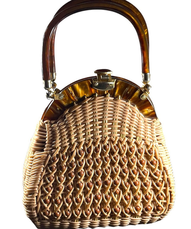 #37 VTG  Wicker Lucite handle fancy woven basket bead purse