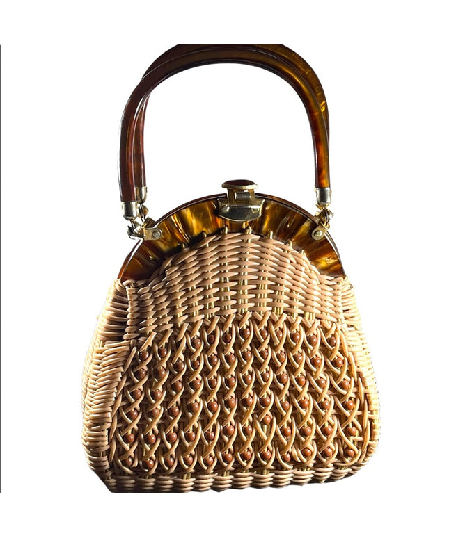 #37 VTG  Wicker Lucite handle fancy woven basket bead purse