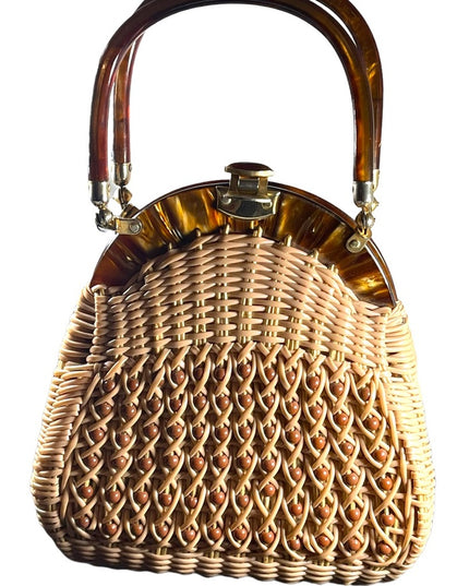 #37 VTG  Wicker Lucite handle fancy woven basket bead purse