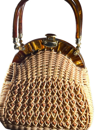 #37 VTG  Wicker Lucite handle fancy woven basket bead purse