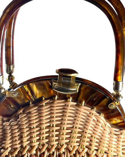 #37 VTG  Wicker Lucite handle fancy woven basket bead purse