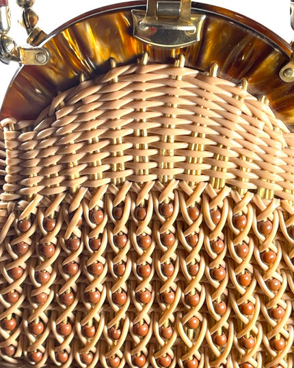 #37 VTG  Wicker Lucite handle fancy woven basket bead purse
