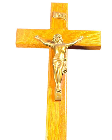 Vintage 1950s Solid oak wood Heavy solid metal Jesus Catholic Crucifix cross