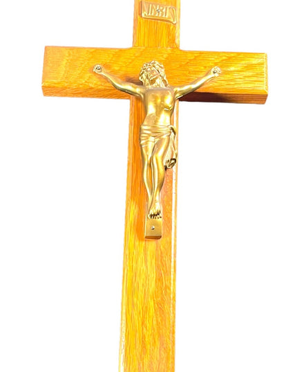 Vintage 1950s Solid oak wood Heavy solid metal Jesus Catholic Crucifix cross