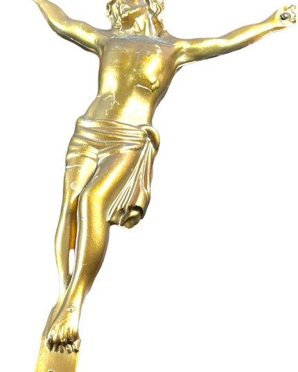 Vintage 1950s Solid oak wood Heavy solid metal Jesus Catholic Crucifix cross