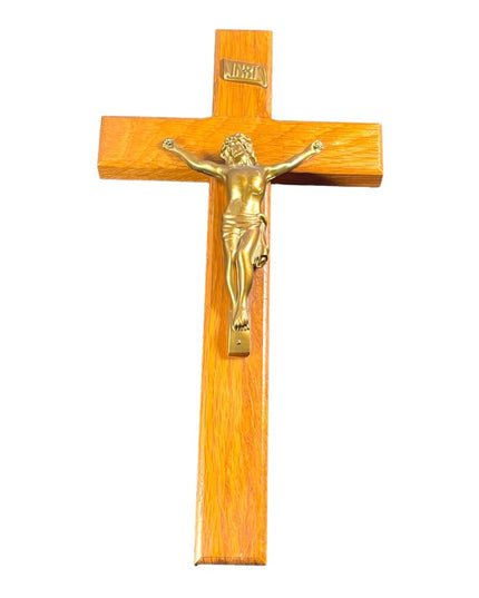 Vintage 1950s Solid oak wood Heavy solid metal Jesus Catholic Crucifix cross