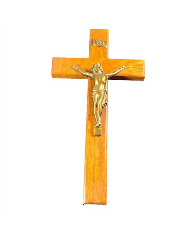 Vintage 1950s Solid oak wood Heavy solid metal Jesus Catholic Crucifix cross