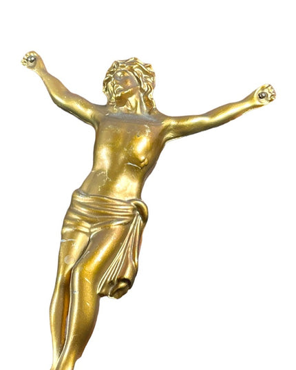 Vintage 1950s Solid oak wood Heavy solid metal Jesus Catholic Crucifix cross