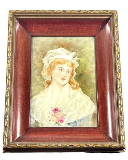 Vintage 1950s Hand painted painting of Victorian girl fabcy wood frame
