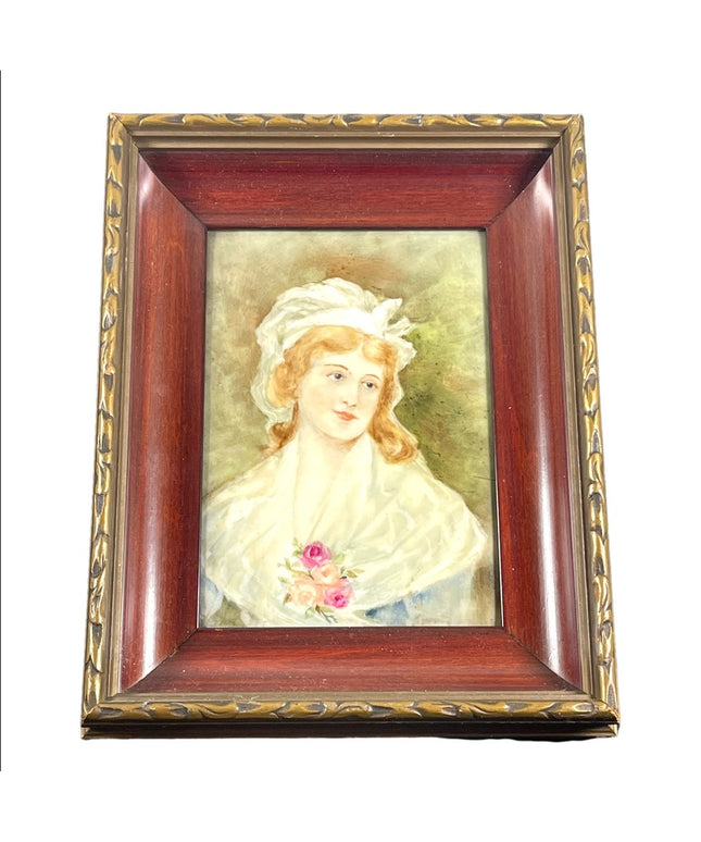 Vintage 1950s Hand painted painting of Victorian girl fabcy wood frame