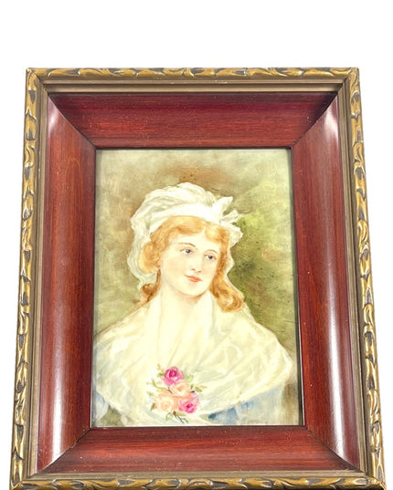 Vintage 1950s Hand painted painting of Victorian girl fabcy wood frame
