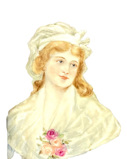 Vintage 1950s Hand painted painting of Victorian girl fabcy wood frame